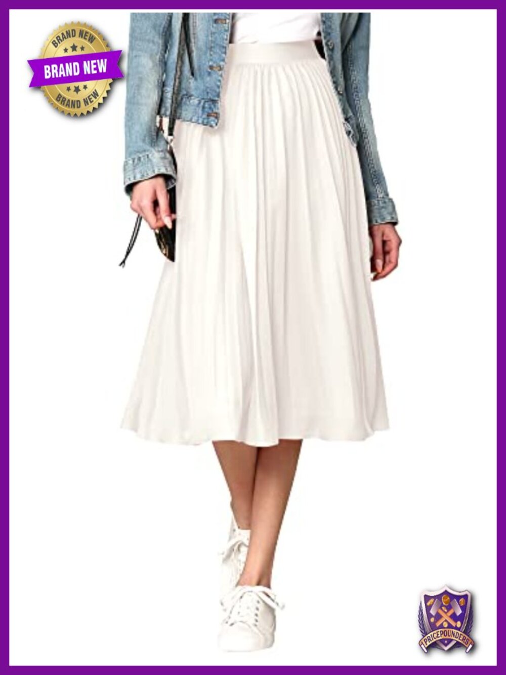 Women's High Elastic Waist Pleated Midi A-Line Swing Skirt